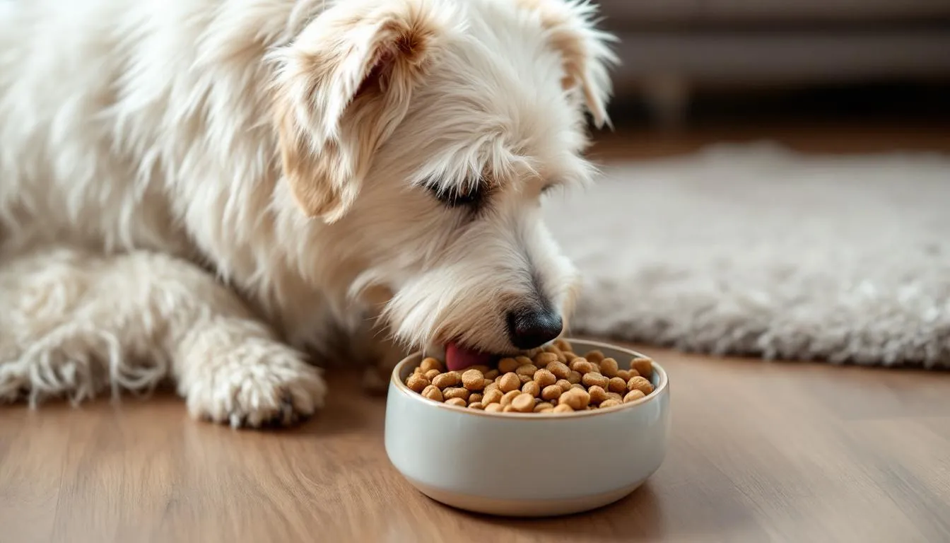A Löwchen dog, often referred to as a "little lion dog," is happily eating high-quality dog food from its bowl. The small dog features a wavy coat and a broad skull, embodying the affectionate nature typical of this rare breed.