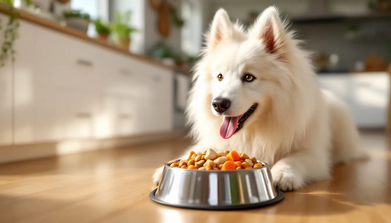 A fluffy white Samoyed dog is happily eating from a stainless steel bowl filled with high-quality kibble and fresh ingredients in a modern kitchen with wooden floors and sleek white cabinets. The dog's joyful expression and the cozy atmosphere, enhanced by green plants in the background, highlight the affectionate nature of this friendly dog breed.
