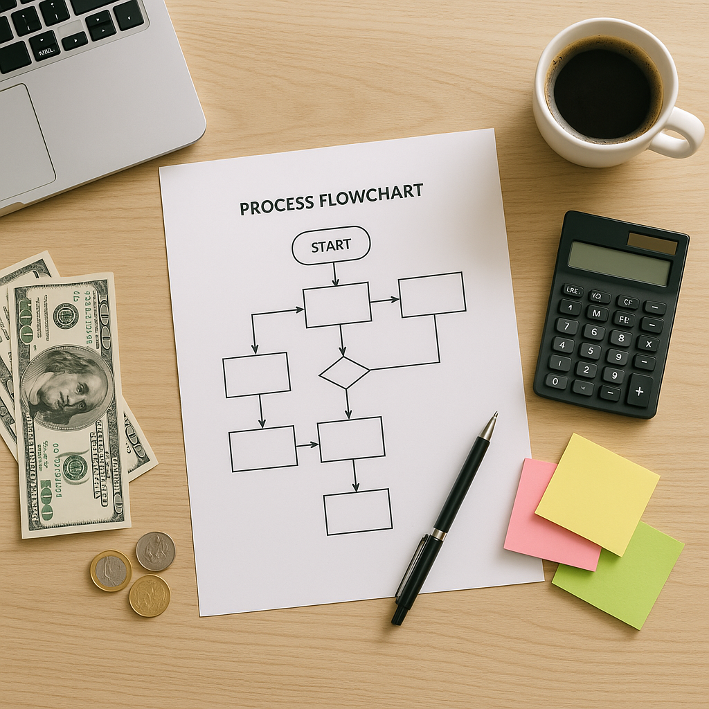 Flat lay of a process flowchart, sticky notes, pen, and calculator emphasizing cost optimization important for identifying cost anomalies and enforcing a cost conscious culture.