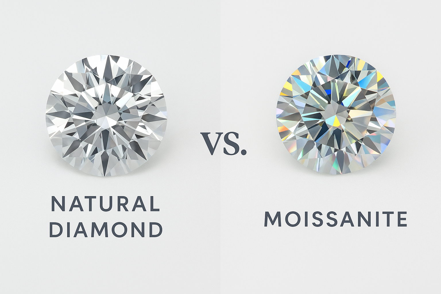 Palyginimas: natūralus deimantas ir moisanitas – skirtingas blizgesys, šviesos atspindėjimas ir ugnies efektas. https://topdiamonds.online/