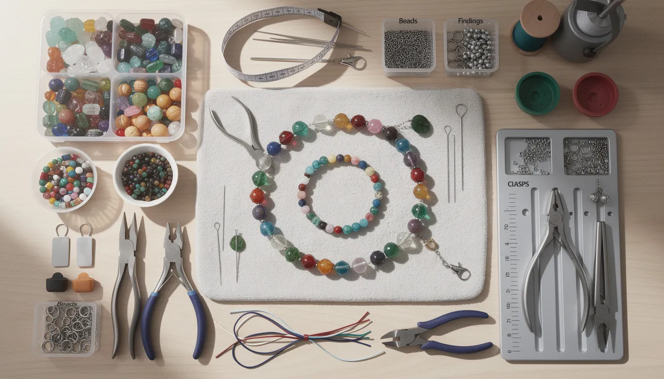 The image showcases a neatly organized flat surface filled with various supplies for making friendship bracelets, including colorful seed beads, letter beads for personalization, and tools like a needle and cord. These essential materials are crucial for creating beautiful, customized beaded friendship bracelets that fit comfortably on the wrist.