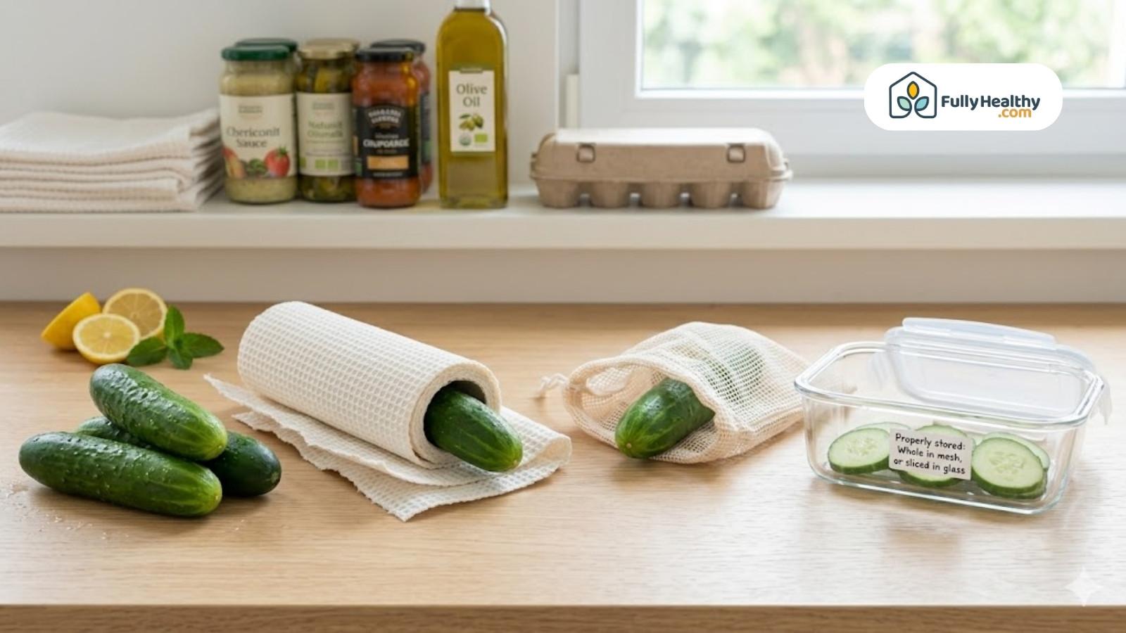 Proper cucumber storage methods using cloth wrap and glass container