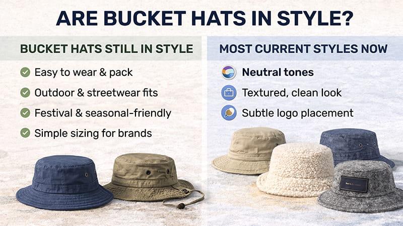 Are bucket hats in style infographic showing why bucket hats remain popular and which bucket hat styles feel most current now.