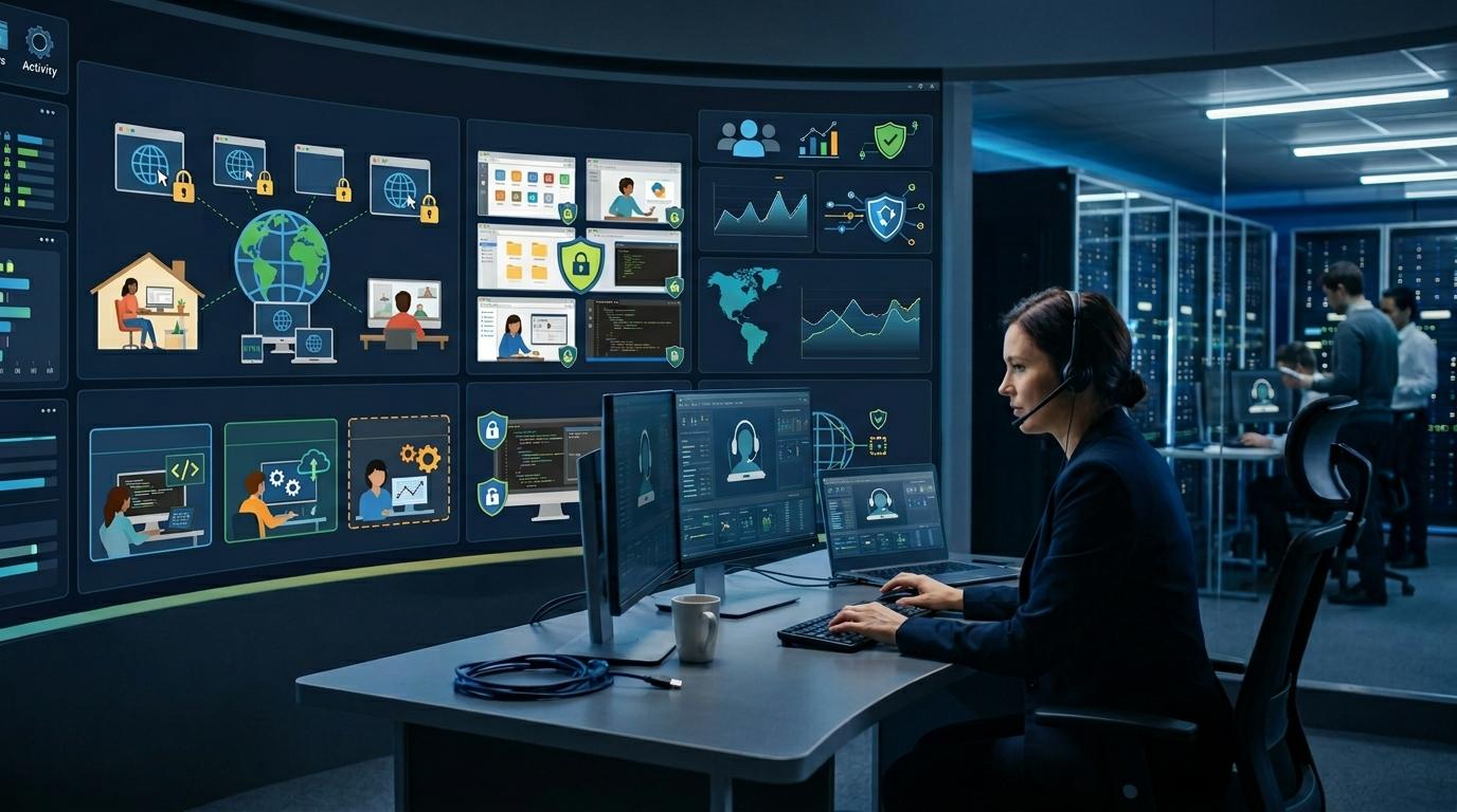 "Professional cloud security illustration with encrypted browser access, protected virtual desktops, sandbox lab environments, and centralized administration supporting remote education.