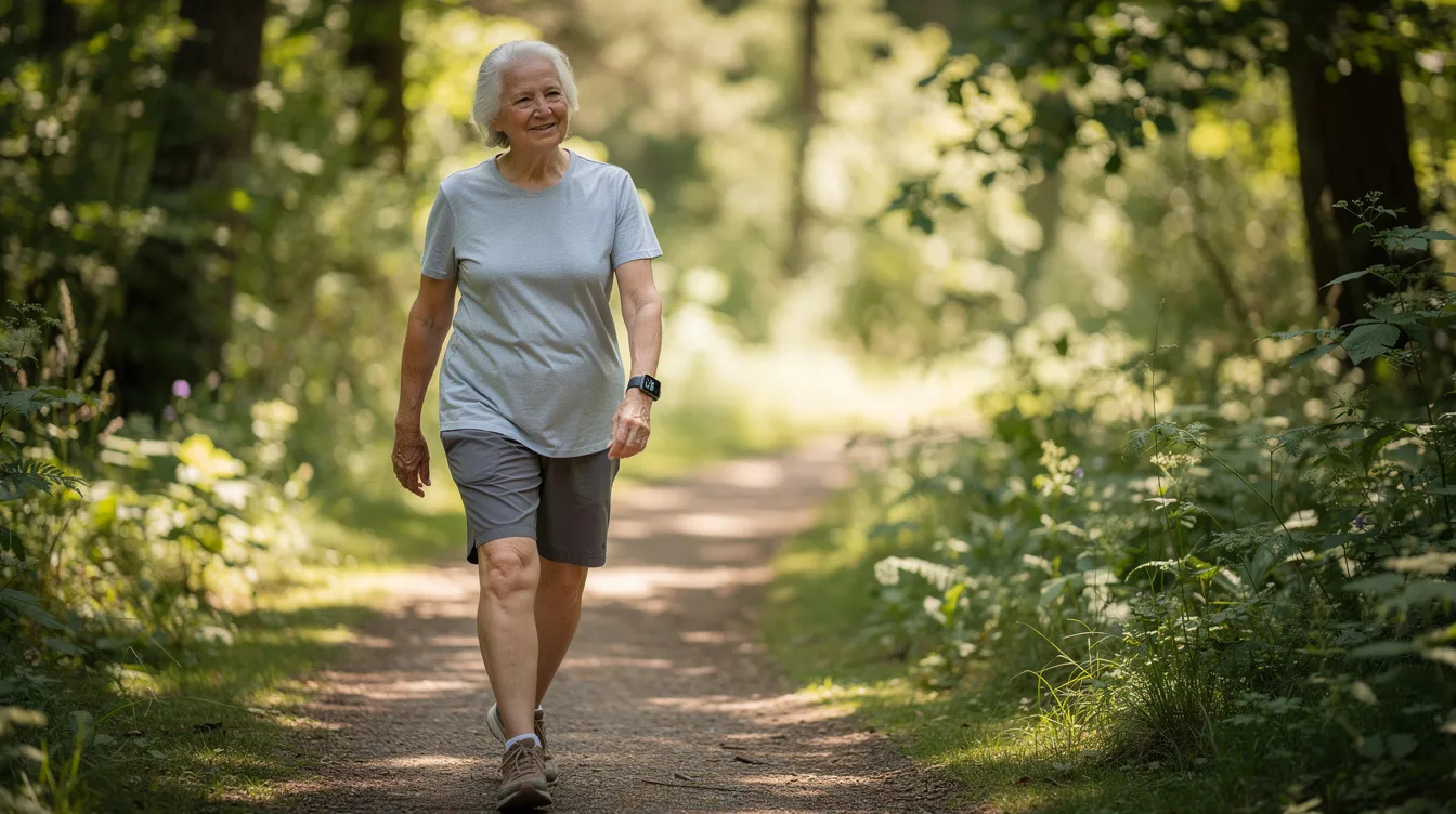 An elderly person is walking along a serene nature trail while wearing a fitness tracker on their wrist, enjoying the outdoors and staying active. This scene emphasizes the importance of health and wellness, which can be supported by comprehensive travel insurance plans like those offered by John Hancock for peace of mind during trips.