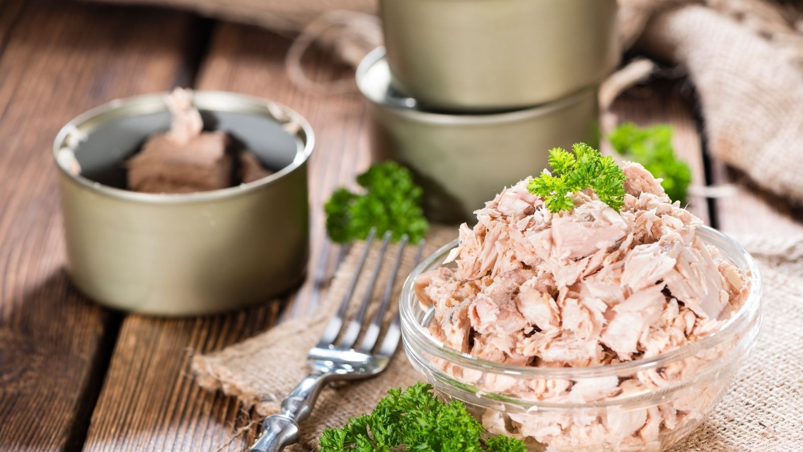 Bowl of flaked tuna served beside open cans and parsley garnish