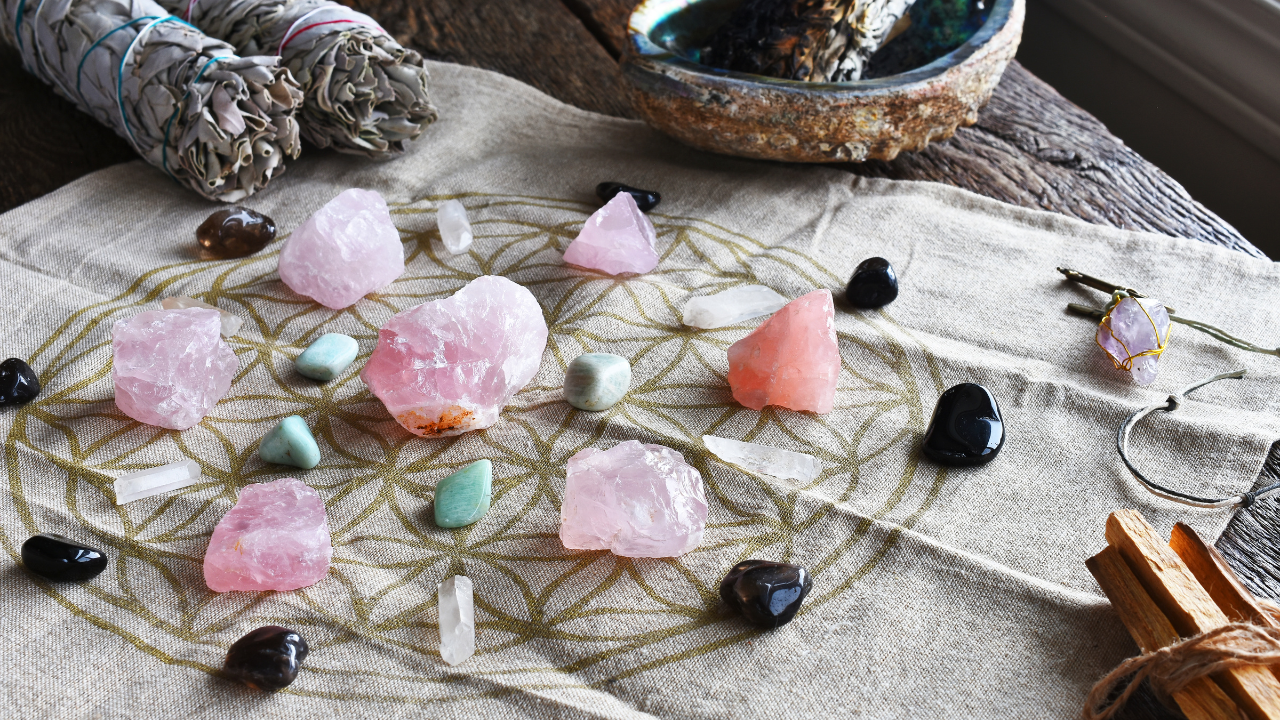crystal grid with green aventurine , black tourmaline and other crystals