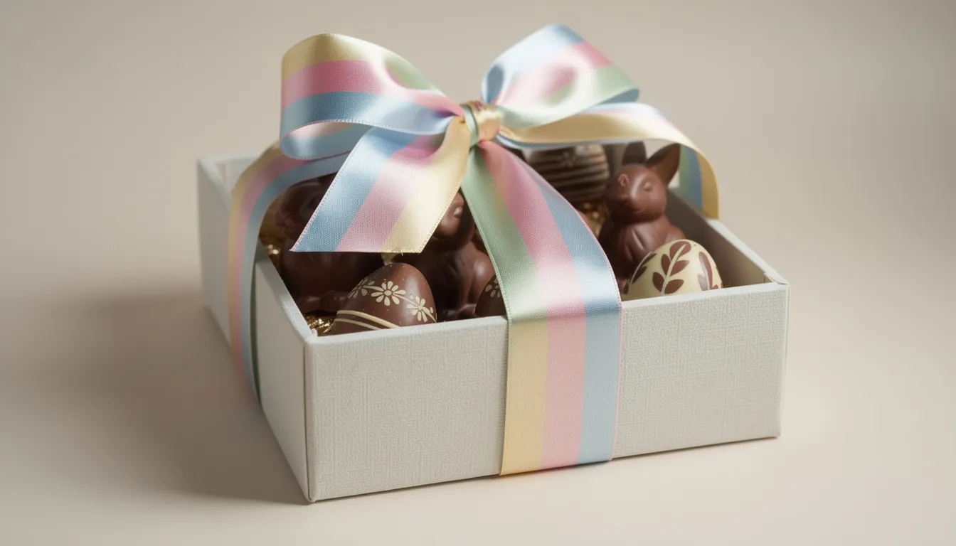Na obrazku widoczne są eleganckie czekoladowe zajączki i jajka umieszczone w ozdobnym pudełku z kolorową wstążką, które mogą być idealnym prezentem wielkanocnym dla dzieci. Motyw zajączka i świąteczne kolory wywołują radość i wprowadzają atmosferę świąt.