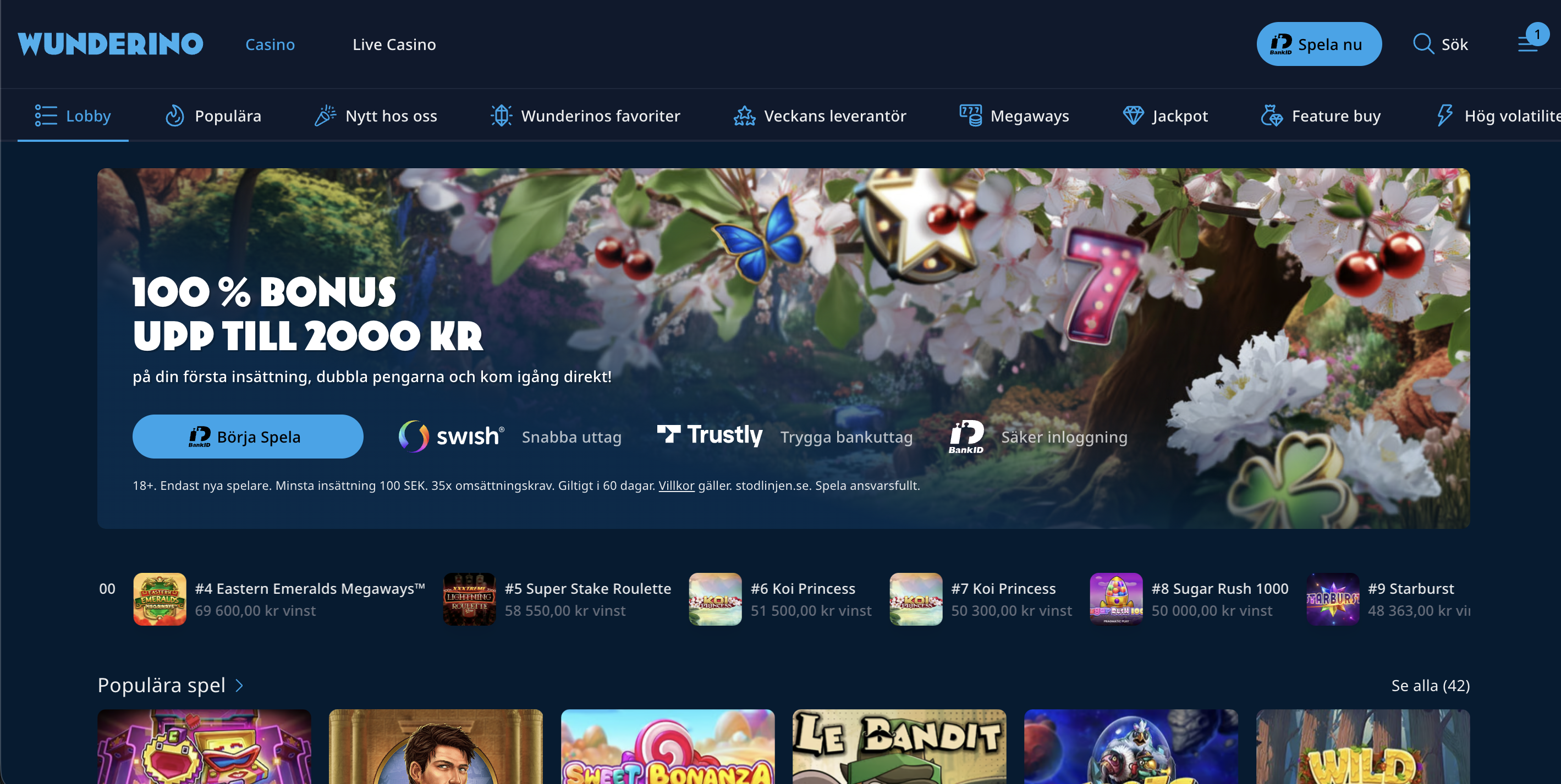 Startsida hos Wunderino Casino med välkomstbonus på 100 % upp till 2000 kronor samt betalningsmetoderna Swish, Trustly och BankID.