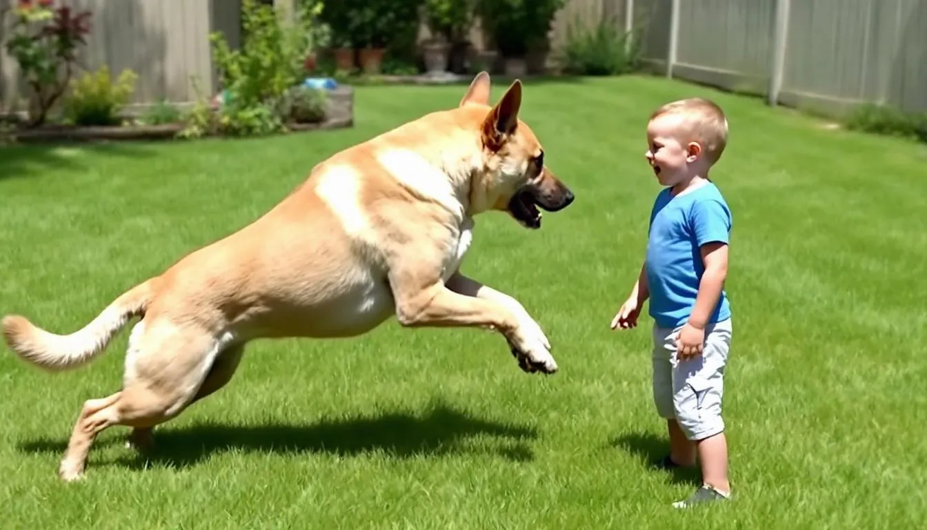 A large dog is jumping on a small child, raising safety concerns about the dog