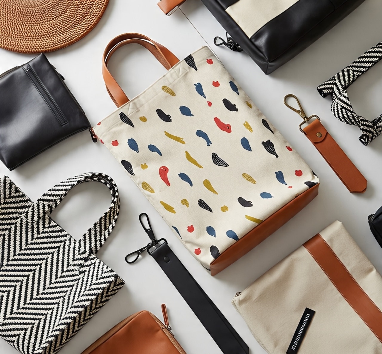 A picture of tote bags in various styles, including canvas, and leather, displayed in different shapes, sizes, and colors.