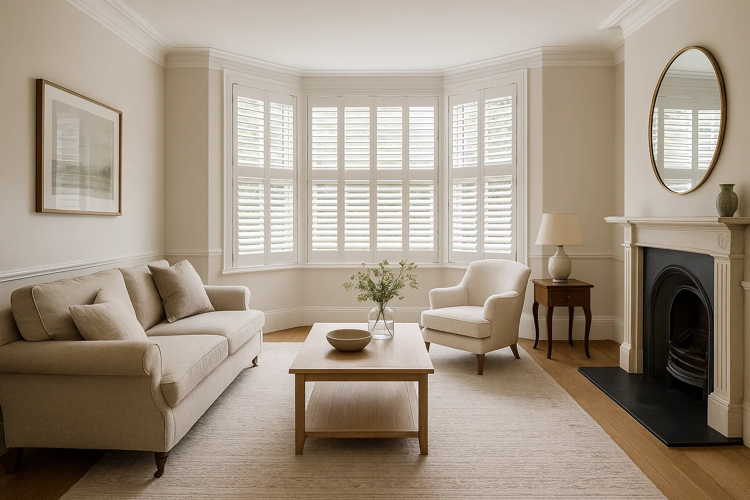White plantation shutters styled in an elegant UK living room