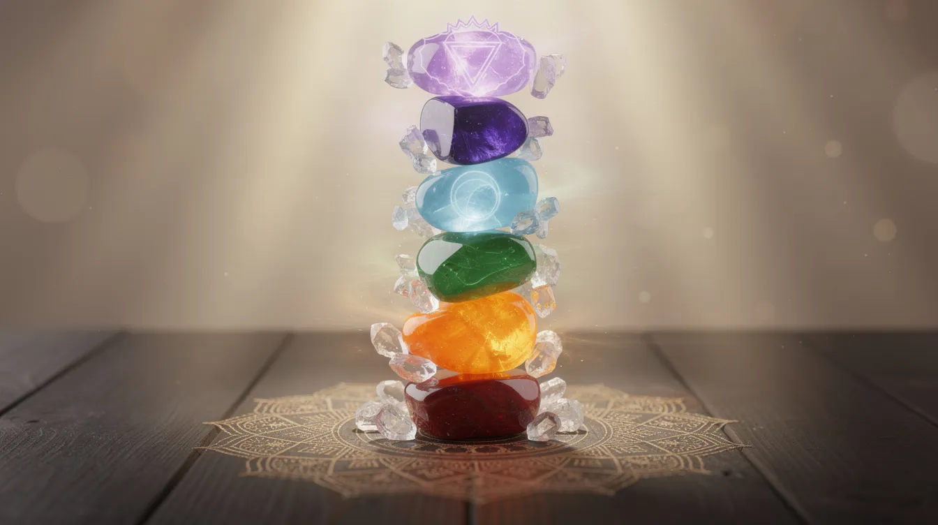 The image showcases a variety of chakra stones and healing crystals, including rose quartz, amethyst, and clear quartz, arranged in a circular pattern to represent the seven main chakras. Each crystal is associated with specific energy centers, promoting emotional balance, spiritual awareness, and overall well-being.