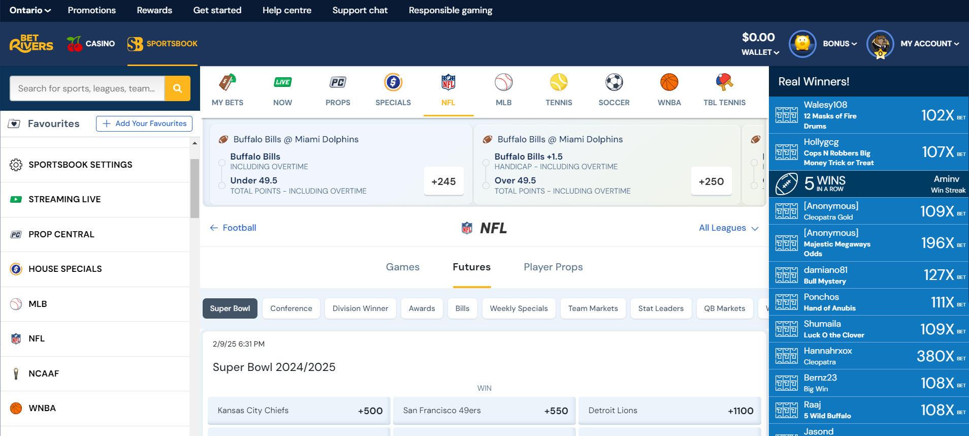 Screenshot desktop view of BetRivers Ontario NFL Futures.