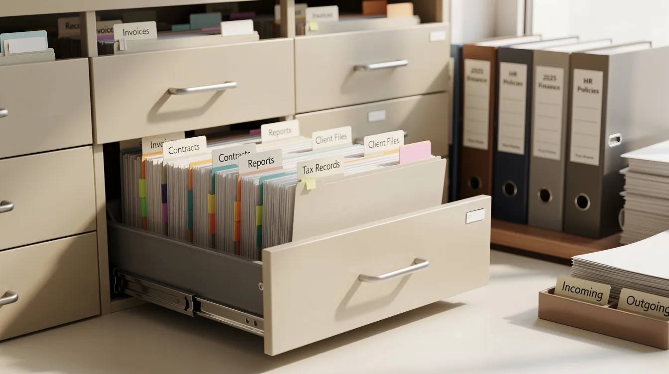 The image depicts an organized filing system featuring labeled folders and neatly arranged documents, which likely include important records related to employee retention credit and business operations. This structured setup facilitates easy access to essential information, including employer's total gross receipts and qualified wages, crucial for navigating governmental requirements.