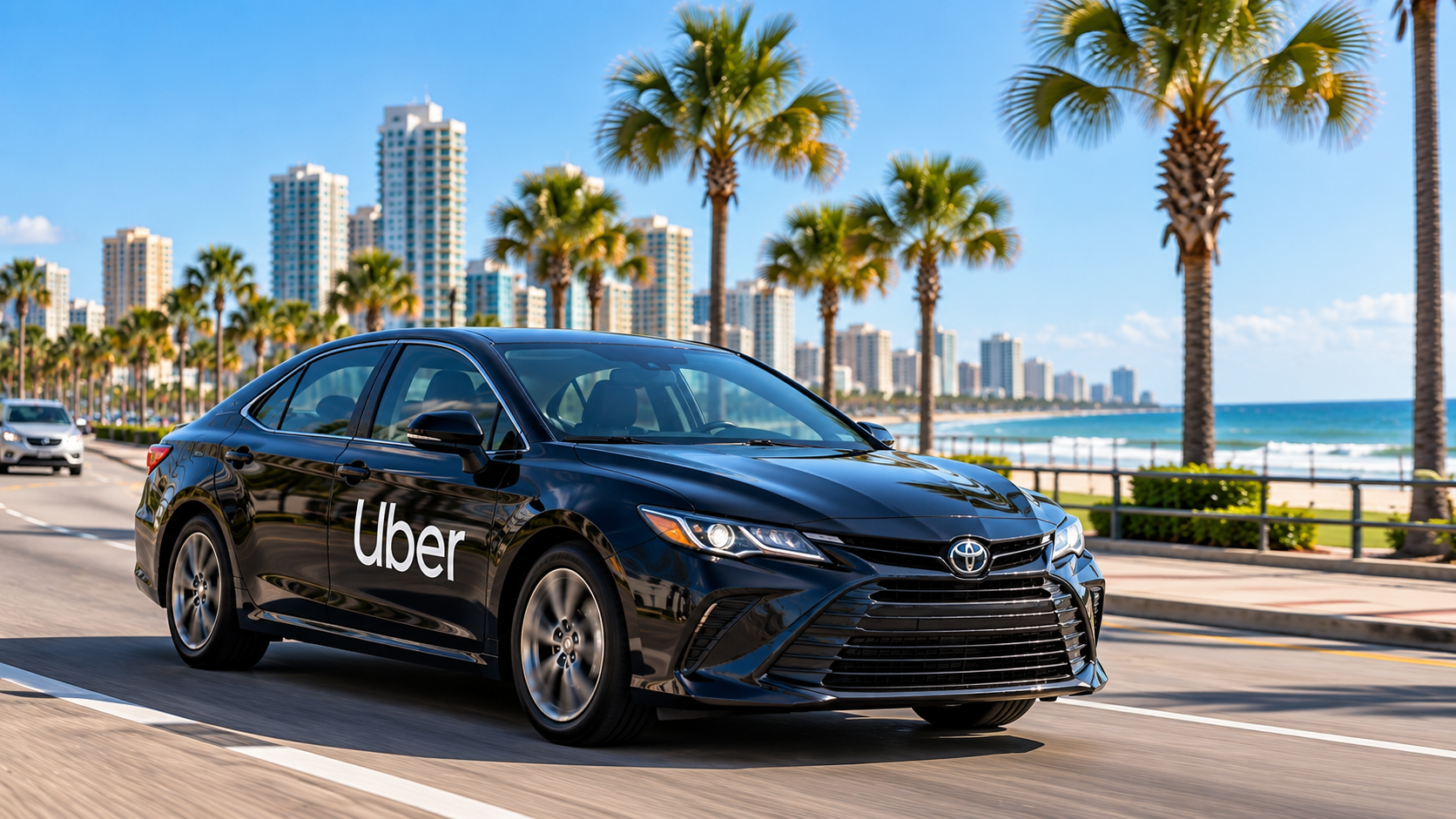 Black Uber rideshare car drives along sunny Daytona Beach coastline with palm trees and high-rises.