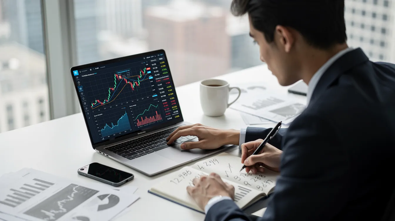 The image shows a person intently reviewing investment charts on a laptop screen, likely analyzing data related to retirement accounts and precious metals, such as gold and silver. The setting suggests a focus on strategic financial planning, possibly involving a self-directed IRA or gold IRA options.