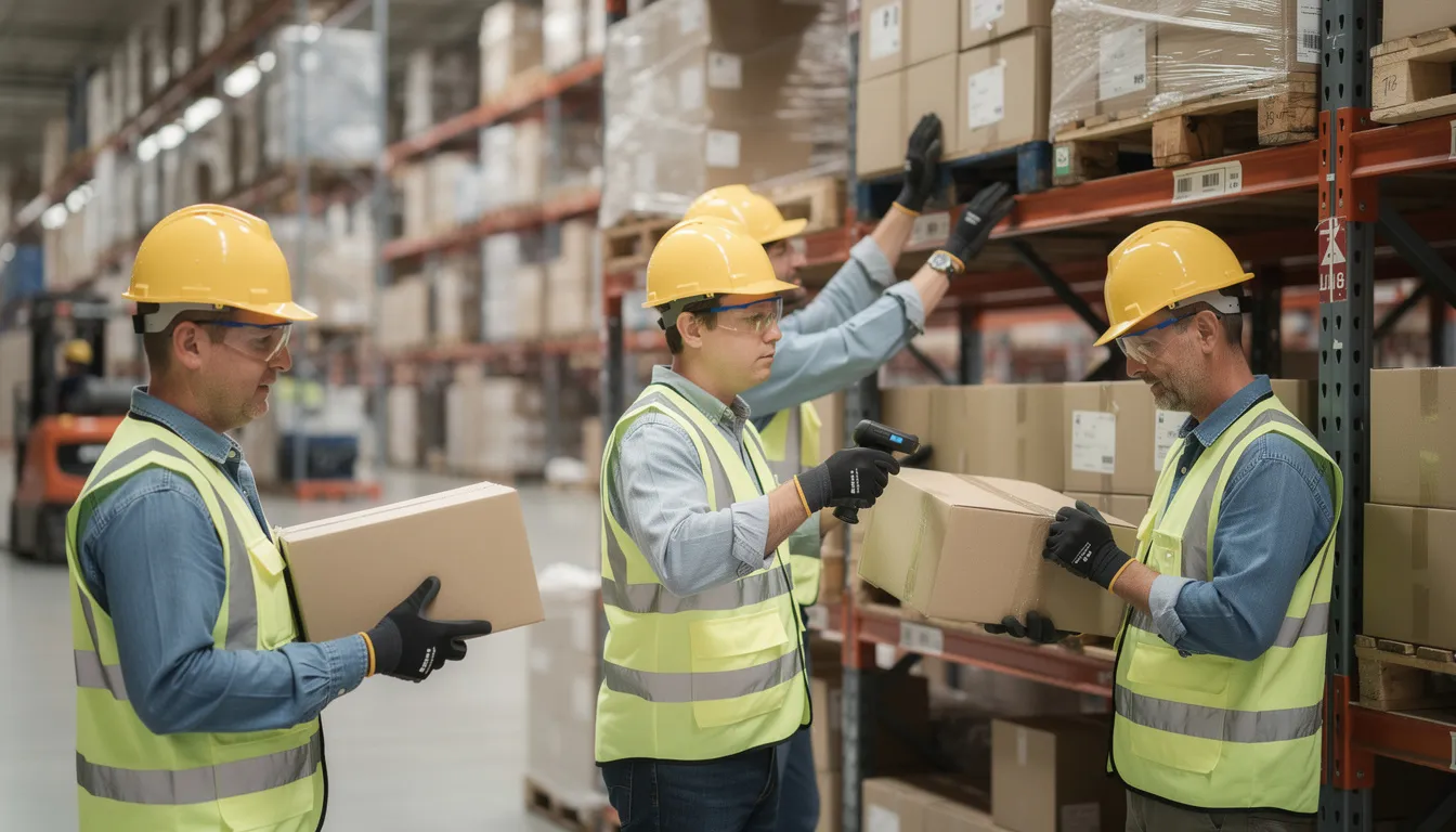 The image shows a team of workers in safety gloves and protective gear diligently organizing boxes during a hoarding cleanup project, ensuring that valuable and sentimental items are preserved while removing unwanted items. Their professional approach highlights the importance of creating a clutter-free space for property owners and family members, addressing potential safety hazards in the process.