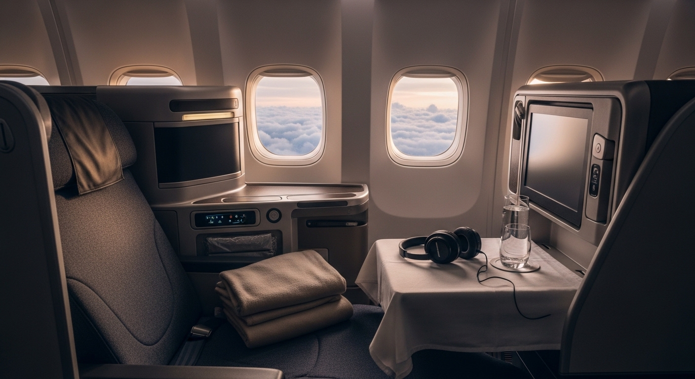 Modern business class airplane seat with lie flat bed and sunrise visible through the window during a long haul flight.
