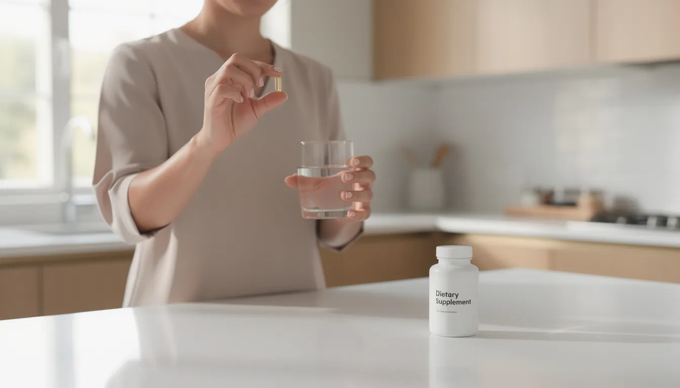 A person is seen taking a dietary supplement capsule with a glass of water in a bright kitchen, highlighting the routine of incorporating berberine supplements for potential health benefits such as supporting weight loss and improving blood sugar control. The setting emphasizes a healthy lifestyle choice in a vibrant environment.