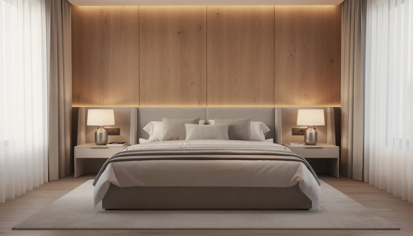 Een luxe slaapkamer met houten wandpanelen achter het bed, waar zachte verlichting de elegante beddengoed accentueert. De ruimte straalt een moderne uitstraling uit en biedt een comfortabele sfeer voor ontspanning.