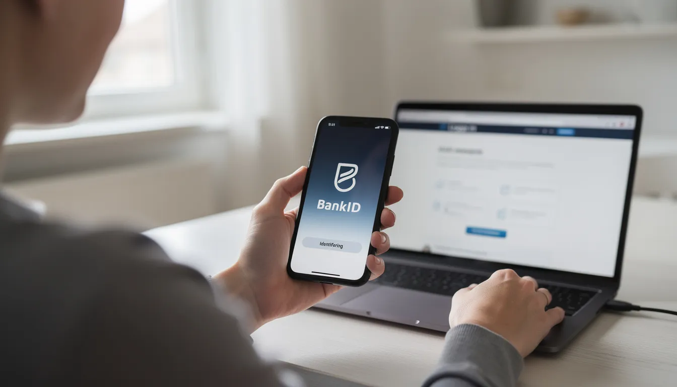 En person sitter med en mobiltelefon i handen och använder BankID för att verifiera en banktransaktion. Bakgrunden visar en hemtrevlig miljö, vilket ger en känsla av trygghet och enkelhet i användningen av digitala tjänster som online casino.