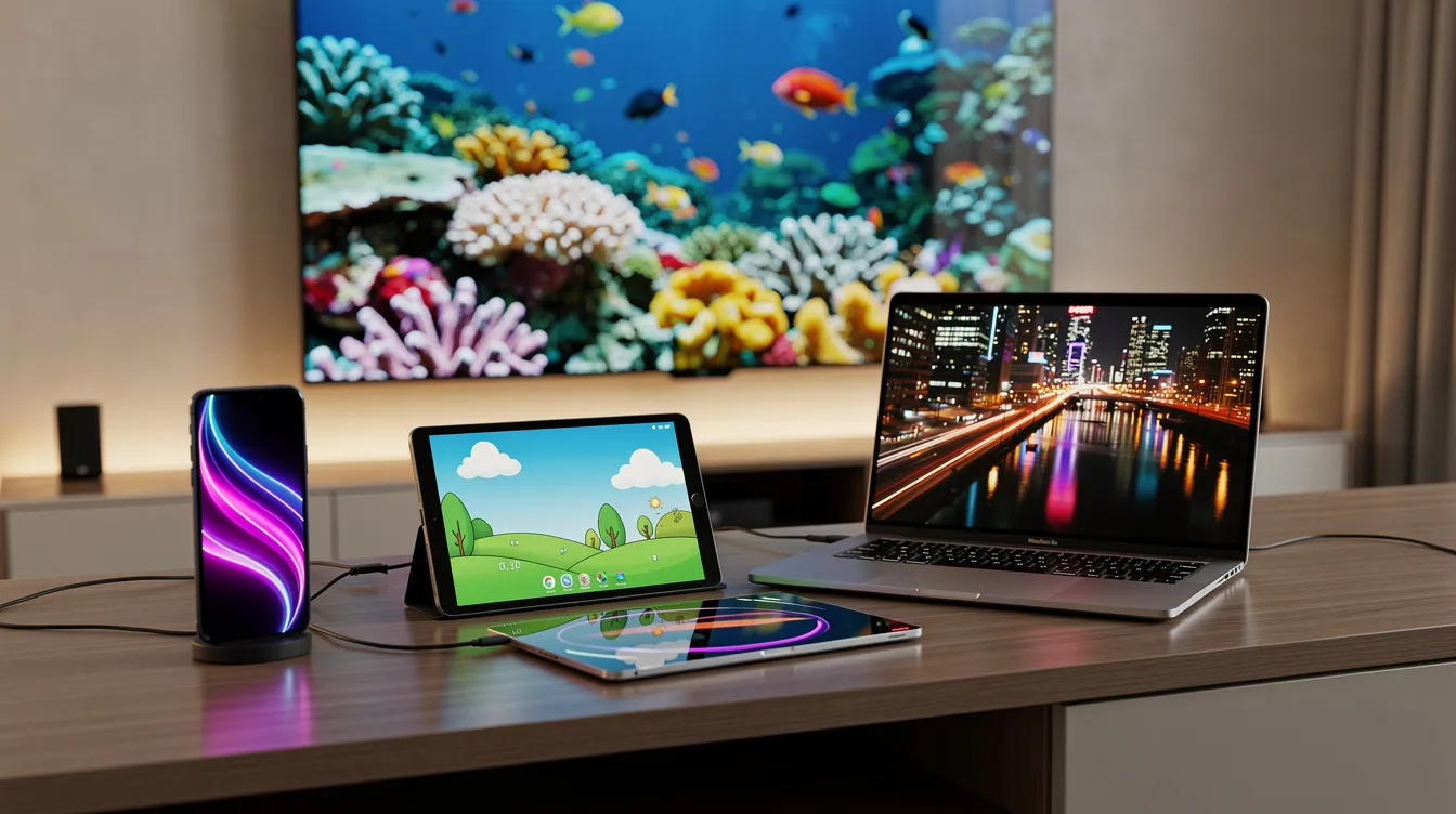 The image features a collection of electronic devices including a smartphone, tablet, laptop, and television, all displaying vibrant video content simultaneously. This showcases the versatility of IPTV services, allowing users to stream live TV and on-demand shows across multiple devices for an exceptional viewing experience.