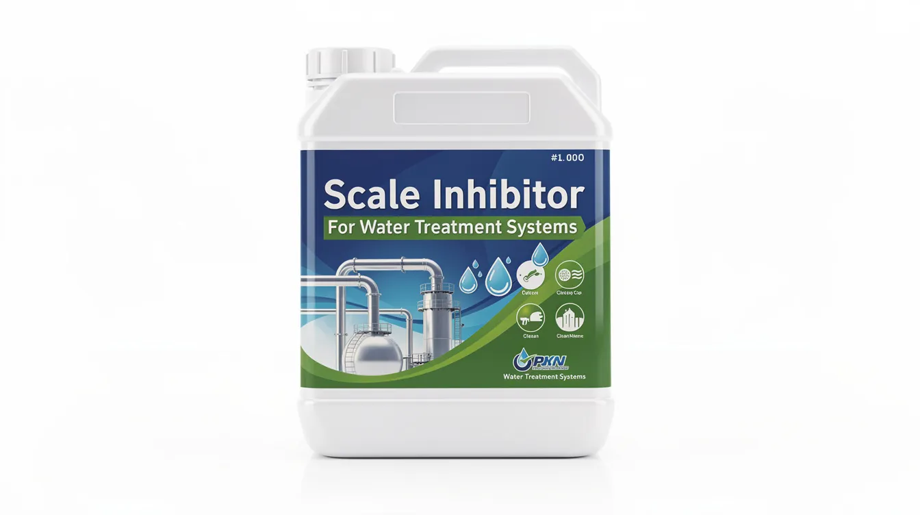 The image shows a container labeled with a chemical compound designed as a scale inhibitor for water treatment systems, specifically targeting the prevention of scale formation like calcium carbonate and calcium sulfate. This product is essential for enhancing heat transfer efficiency and prolonging the life of equipment in the oil and gas industry by controlling scale deposition and crystal growth.