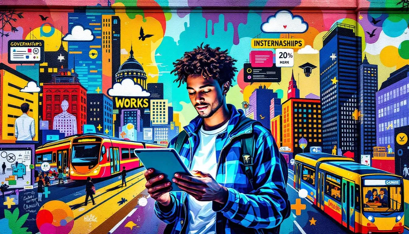 Un étudiant consultant des informations sur des programmes gouvernementaux pour étudiants.