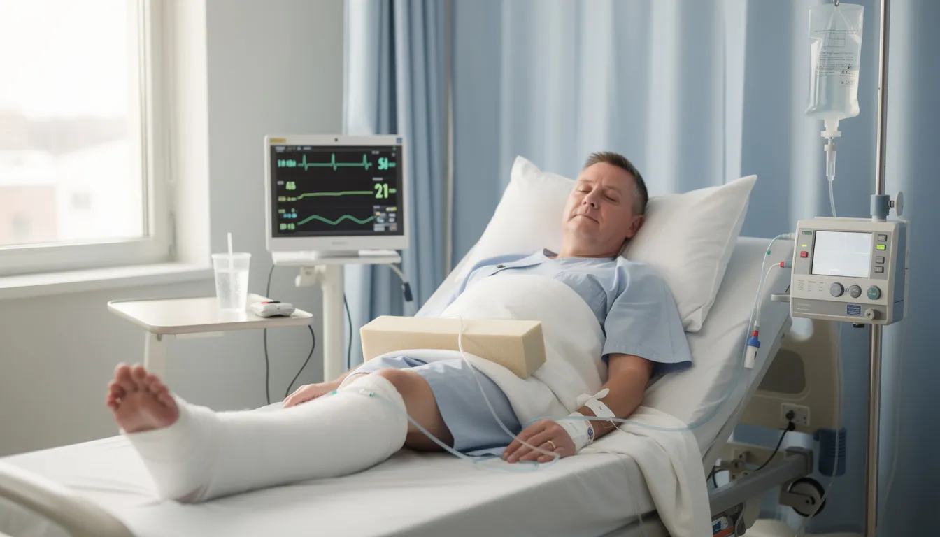 The image shows a person lying in a hospital bed with a visible leg injury, surrounded by medical equipment, highlighting the serious consequences of accidents that can occur in the trucking industry. This scene underscores the importance of having an experienced truck accident attorney to navigate the legal process and address medical expenses related to severe injuries from truck accidents.
