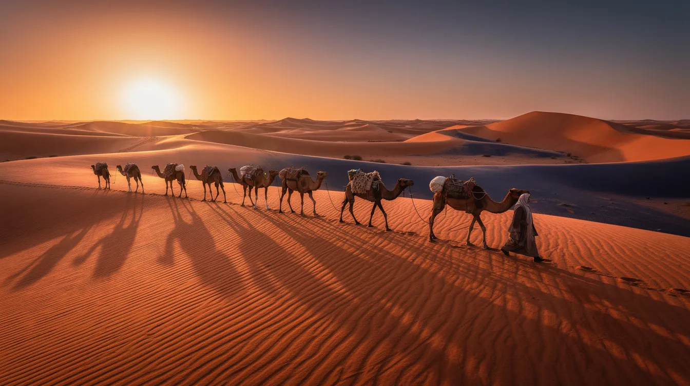A camel caravan traverses the rolling orange sand dunes of the Sahara Desert at sunset, casting dramatic shadows as the sun dips below the horizon. This picturesque scene captures the essence of trekking in Morocco, showcasing the tranquil beauty of North Africa's landscapes.