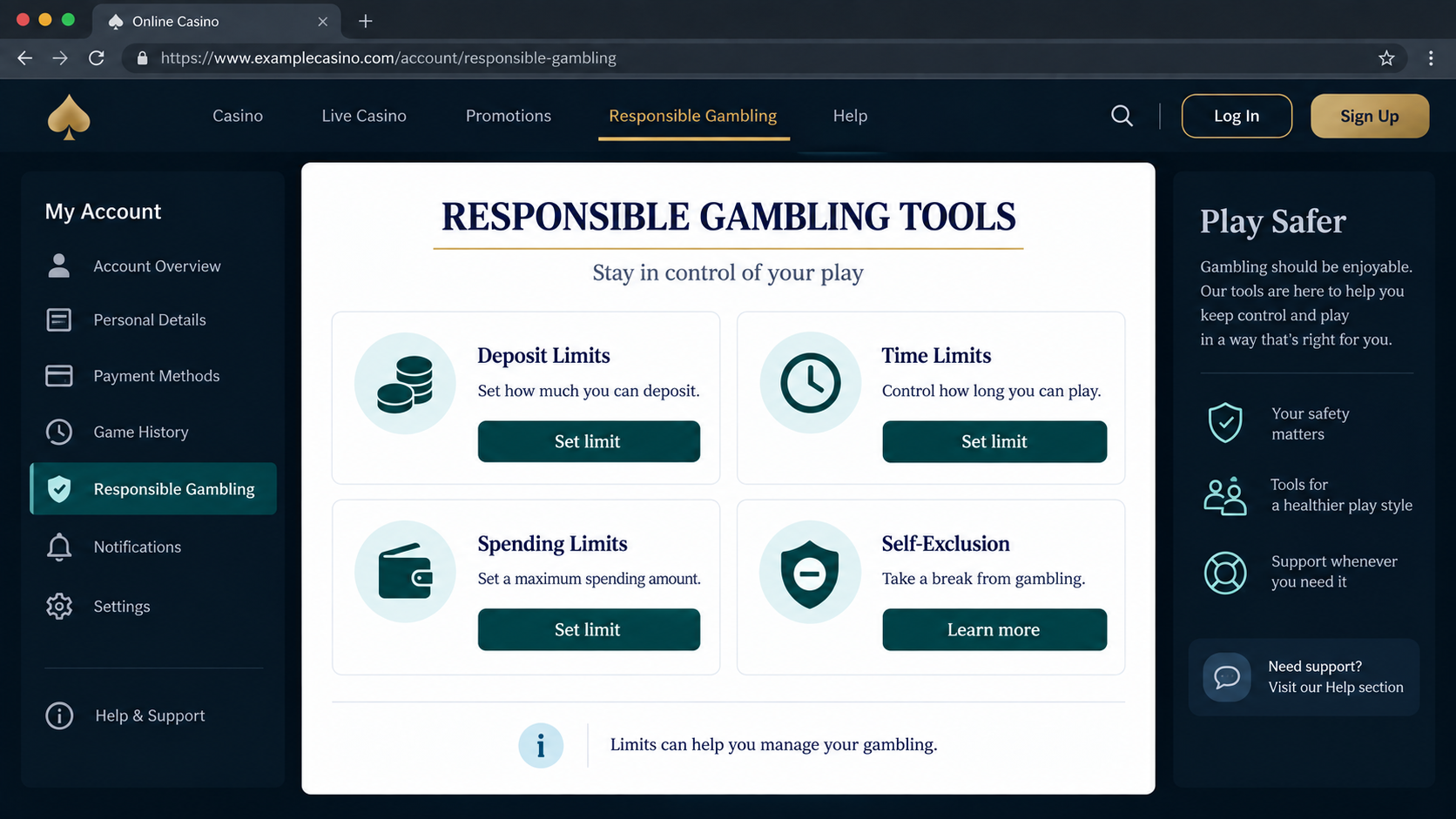 Online casino responsible gambling tools with deposit limits, time limits and self-exclusion