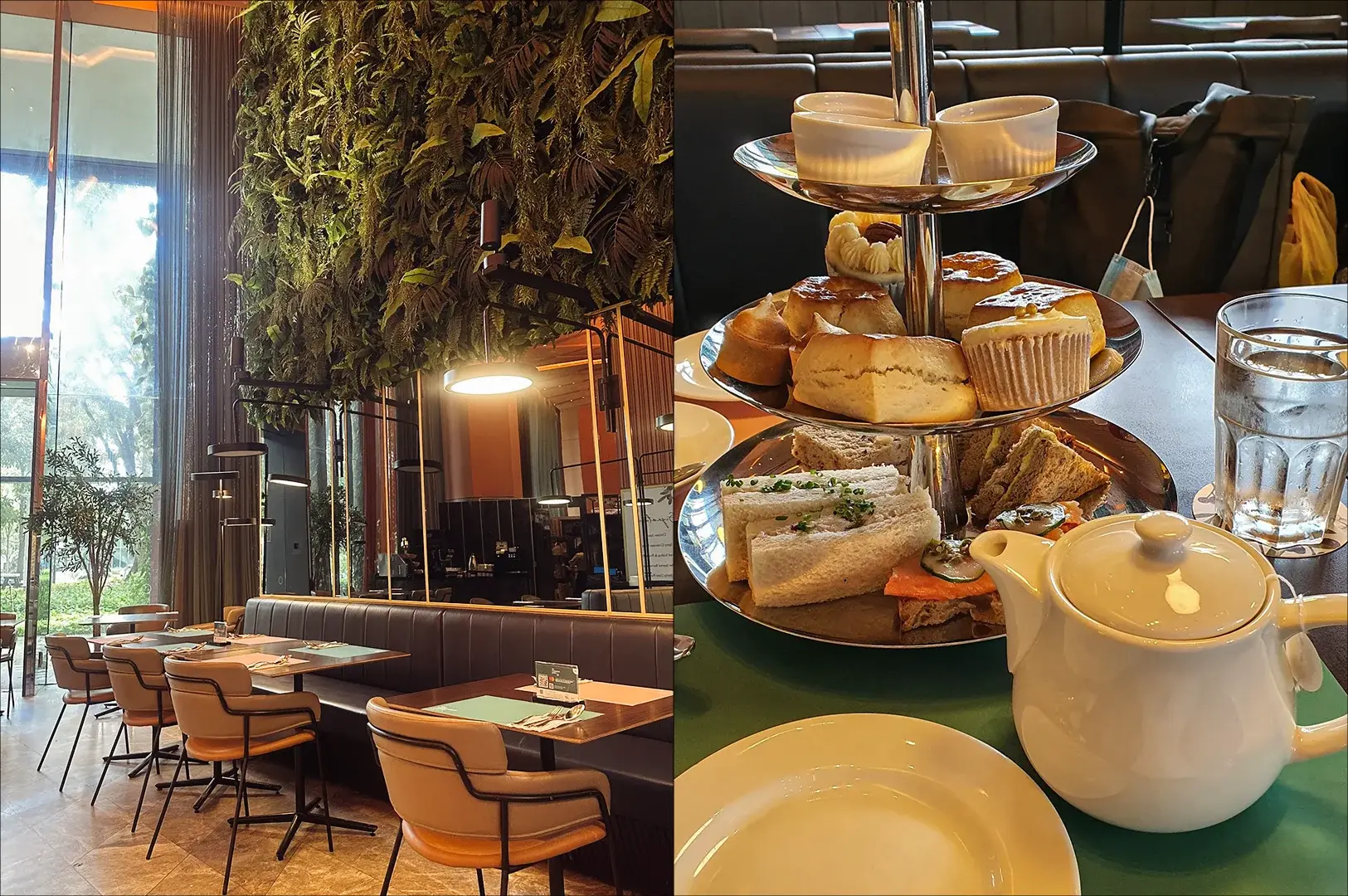 Split image of Marmalade Pantry café, left showing a bright, elegant dining interior with marble tables, gold accents, and natural light in a wide-angle shot, and right featuring a top-down view of brunch dishes including pastries, eggs, and coffee arranged on a styled table.