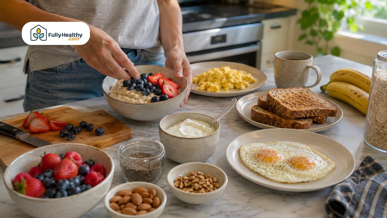 Person preparing nutritious breakfast with oatmeal, berries, eggs, toast, yogurt, and nuts