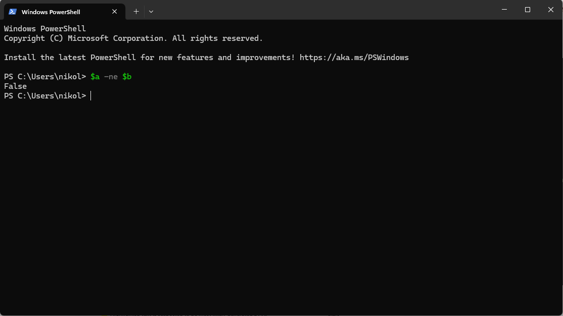 A PowerShell Command Prompt showing the $a -ne $b expression.
