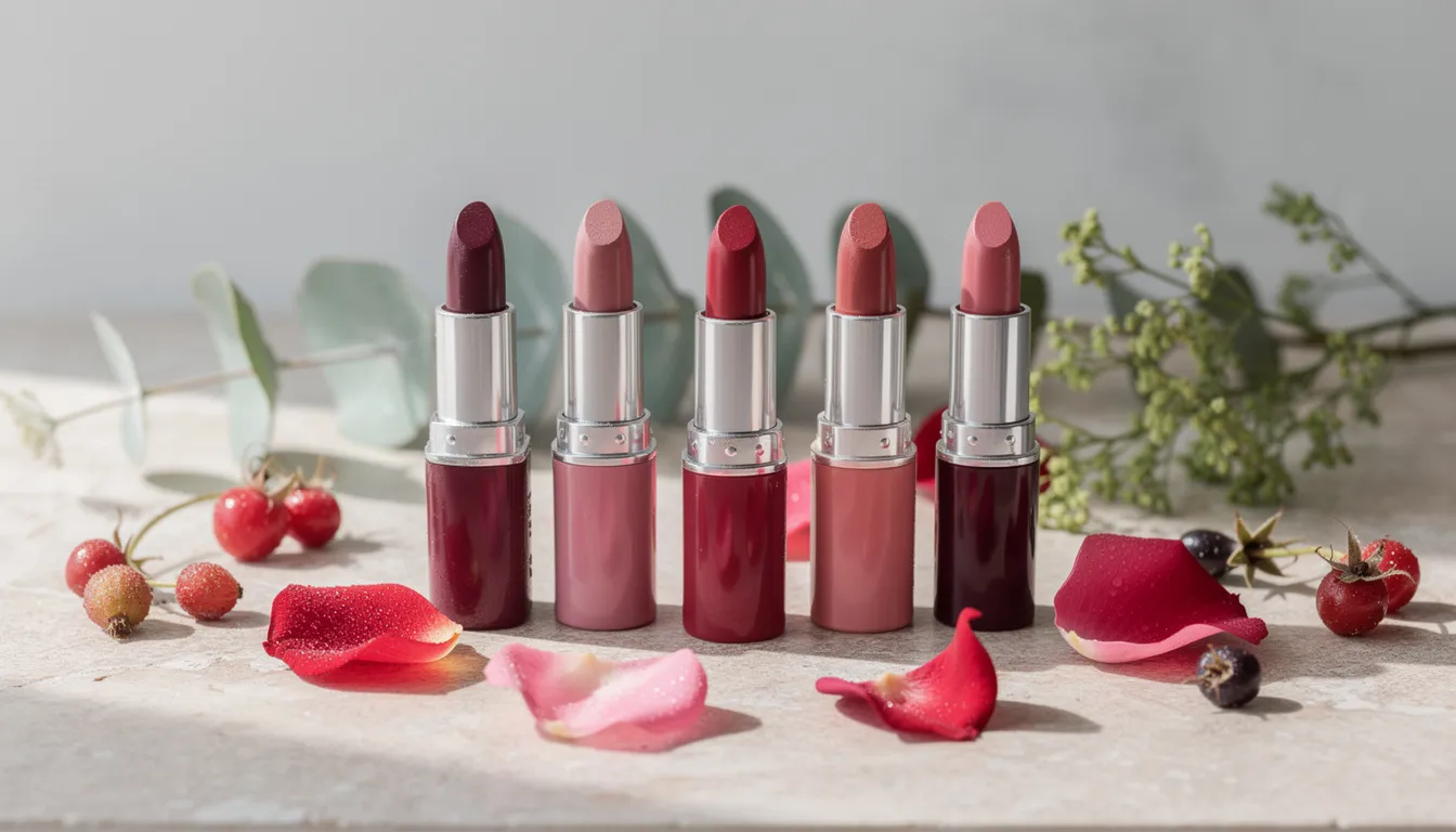 A collection of natural lipsticks in berry and rose tones is beautifully arranged alongside fresh botanicals, highlighting the use of organic ingredients and clean beauty principles. These lip products emphasize a commitment to non-toxic makeup brands, offering a vibrant yet safe addition to any beauty routine.