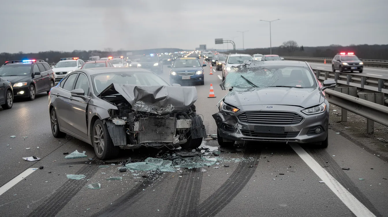 The image depicts a car accident scene on a highway, featuring two damaged vehicles and emergency responders assessing the situation. This scene highlights the importance of understanding insurance company tactics and the claims process for personal injury victims seeking fair compensation for their injuries and medical treatment.