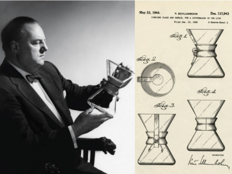 Peter Schlumbohm e desenho da Chemex de 1944. Imagens: www.chemexcoffeemaker.com