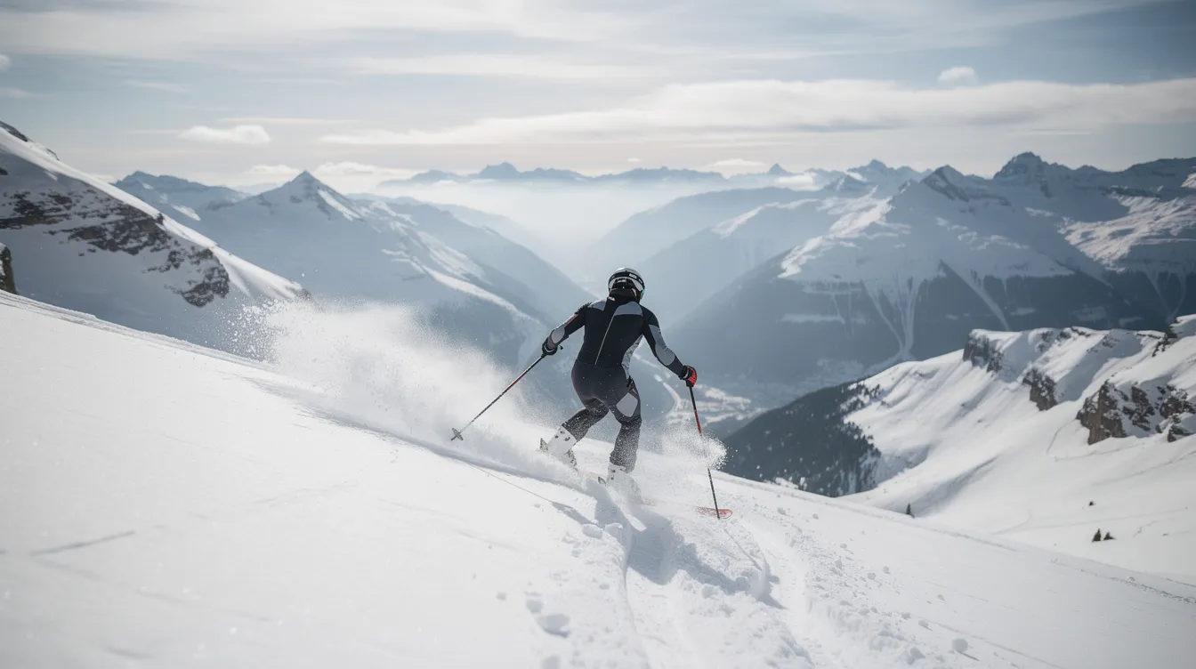 Ein Skifahrer mit Helm und Skistöcken fährt sportlich eine Abfahrt hinunter und hat dabei ein traumhaftes Bergpanorama vor sich, das ins Tal führt. Der Wind weht durch seine Skibekleidung, während er die Piste mit Geschick meistert.
