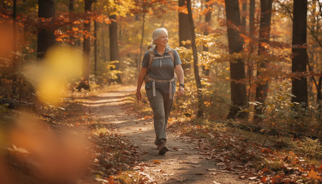 An older adult is walking along a forest trail adorned with vibrant autumn leaves, embodying the concept of active healthy aging. This scene symbolizes the importance of physical activity for cognitive function and overall well-being, reflecting the health benefits associated with nicotinamide mononucleotide (NMN) supplementation in promoting energy production and metabolic health.