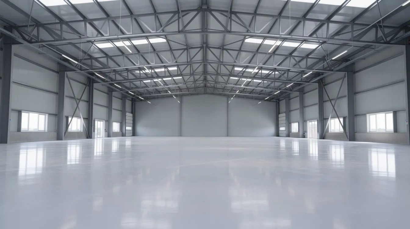 18f76f05 ec58 438a 837b 8bb7522be7a0 The image depicts a modern industrial factory shed featuring a clean concrete floor and an overhead steel structure, ideal for a fully automatic atta chakki plant. This setup is designed for efficient processing of wheat flour, with robust machinery and components that ensure consistent flour quality and optimal production capacity.