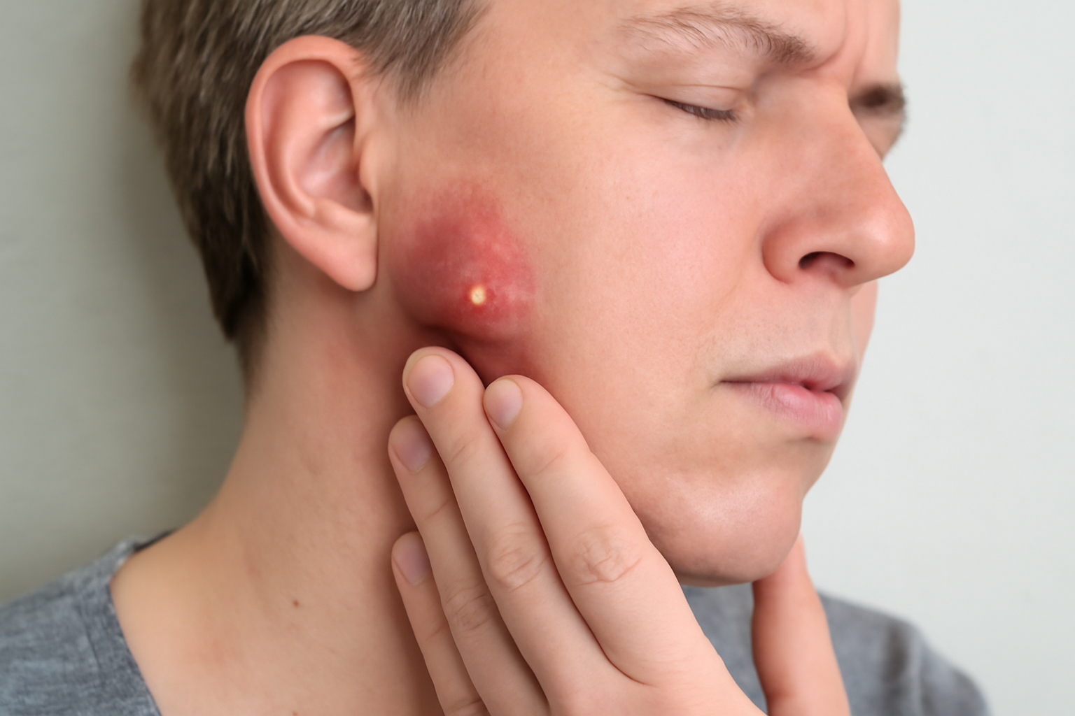 Person med smertefull byll – behov for legekontroll og mulig drenering.