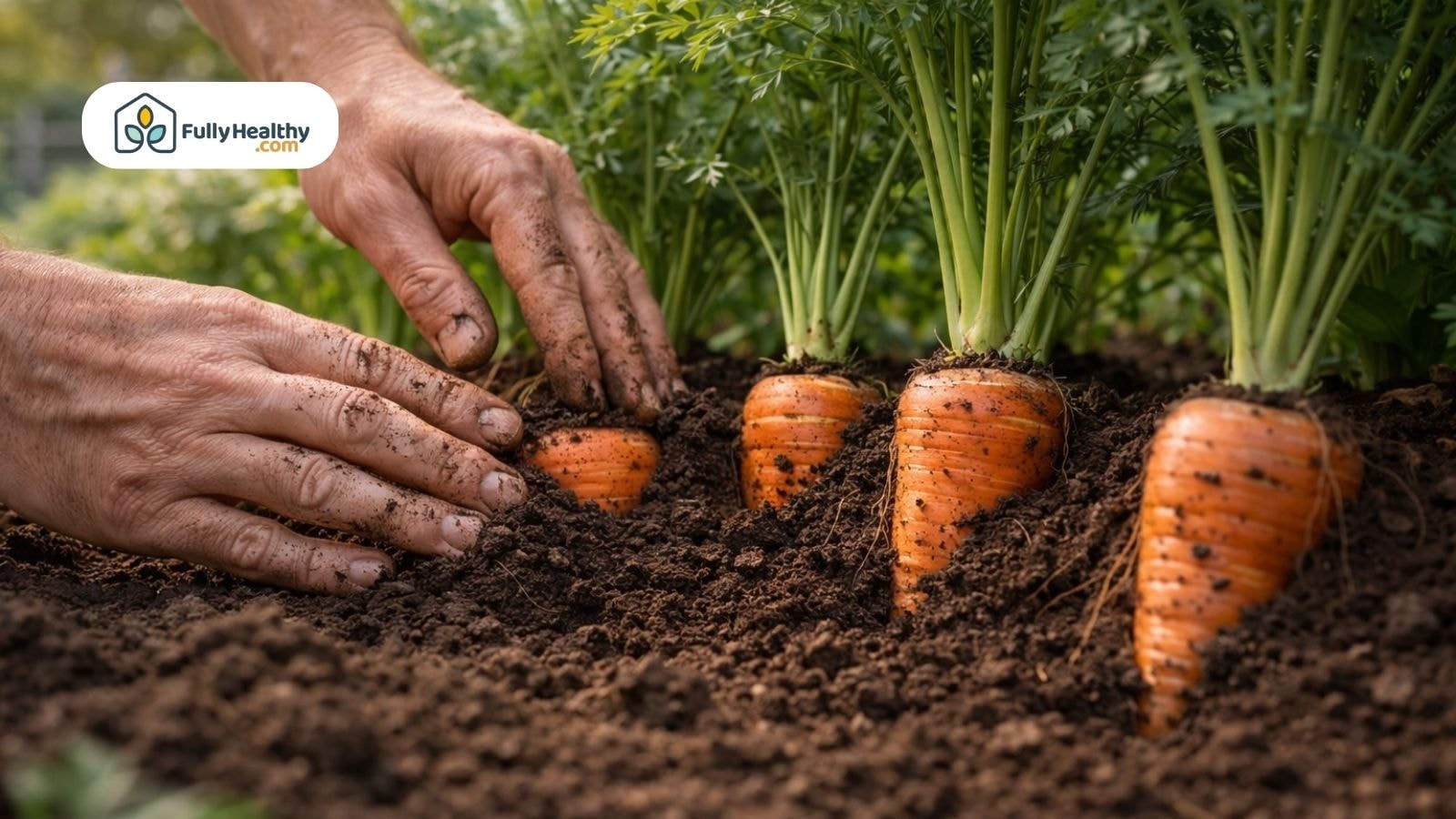 Hands inspecting homegrown carrots at soil level before harvest