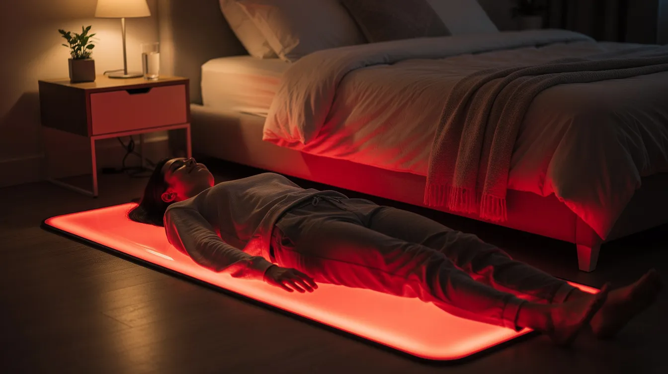 A person is lying comfortably on a glowing red light therapy mat in a dimly lit bedroom, experiencing a soothing red light therapy session that promotes muscle recovery and pain relief. The mat emits near-infrared light, providing direct skin contact for deeper healing and skin rejuvenation.