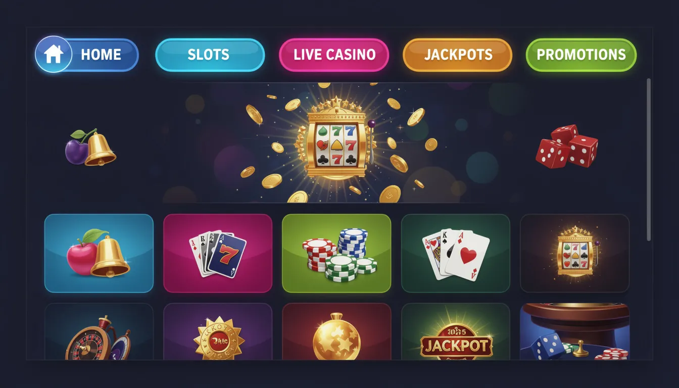 En färgglad online casino-gränssnitt med ljusa färger och olika spelikoner, där spelare kan utforska alternativ som slots, blackjack och roulette. Gränssnittet erbjuder också information om bonusar och välkomstbonusar för nya spelare.