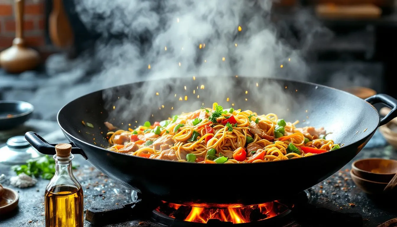 The image depicts a vibrant Asian stir-fry being cooked in a wok, with steam rising as sesame oil enhances the dish's flavor profile. The scene captures the high heat cooking method, showcasing the versatility of sesame oil in creating delicious, healthy meals.