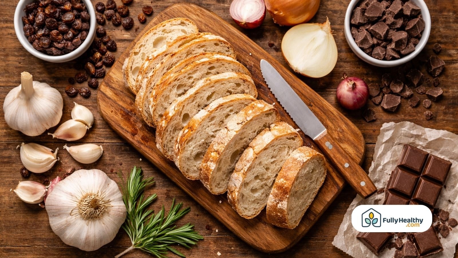 Sliced sourdough bread with raisins garlic onions chocolate