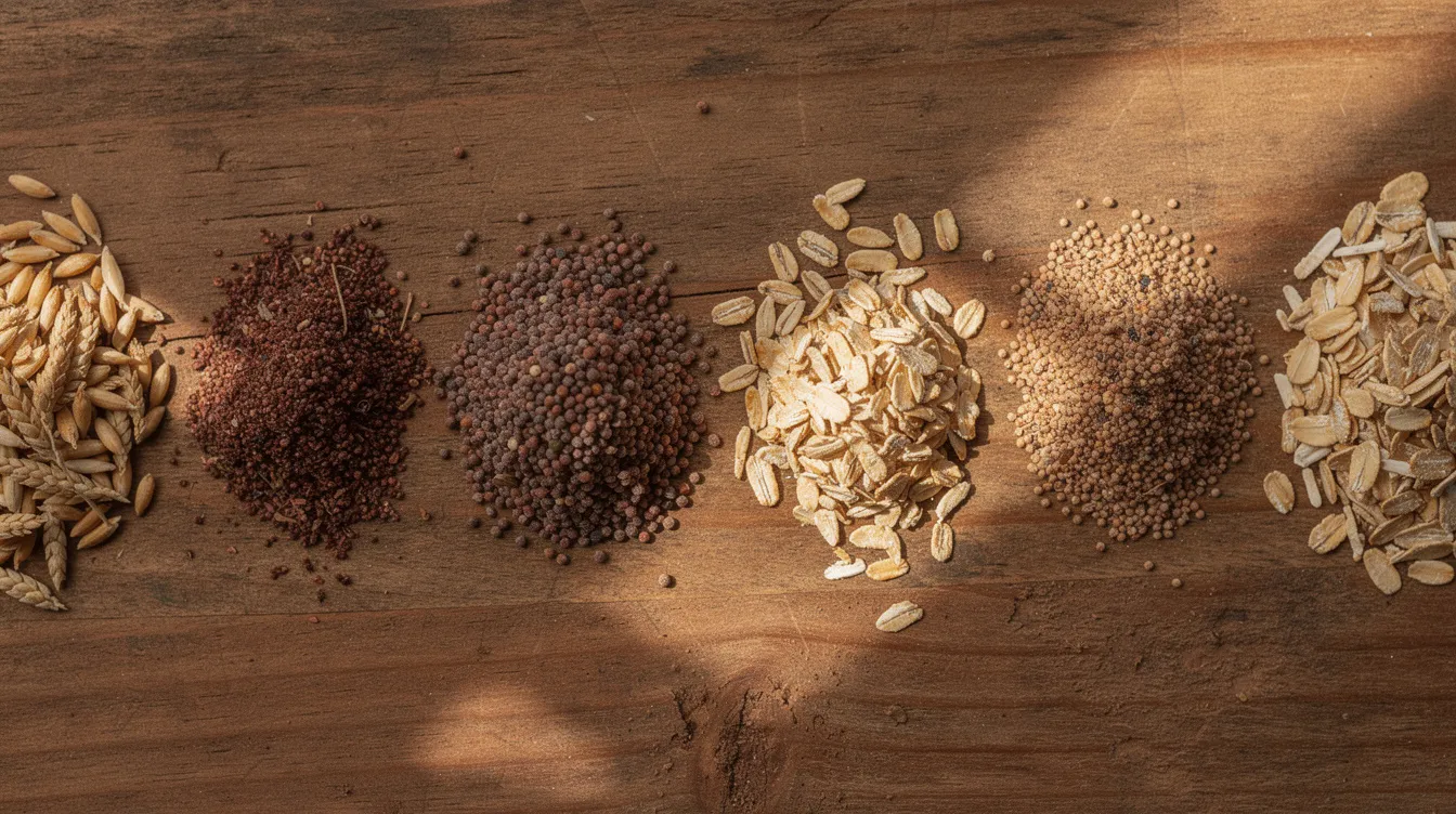 18fcd8ff 70f5 4de2 8b46 ab42b9de6e48 The image features a close-up view of various Indian grains, including wheat, ragi, jowar, bajra, oats, and barley, arranged in small piles on a wooden surface, highlighting the diversity of grains used in the food processing industry and wheat flour production. This visual representation emphasizes the importance of quality grains in the milling process and their role in meeting the demands of the flour mill plant.