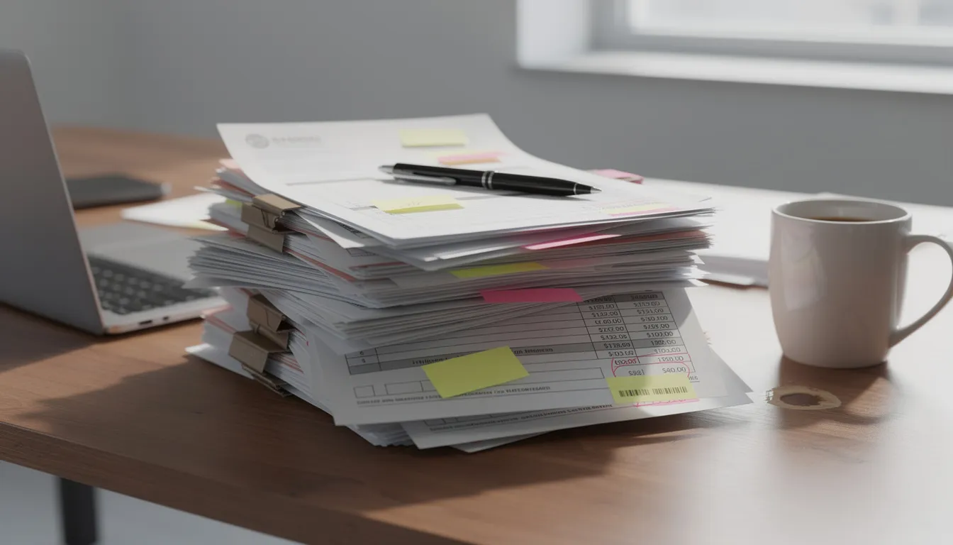 Na biurku znajduje się stos faktur i dokumentów biznesowych, co sugeruje aktywność w zakresie terminowego regulowania zobowiązań wobec dostawców. W kontekście zarządzania finansami, dokumenty te mogą dotyczyć faktoringu zakupowego oraz możliwości uzyskania korzystnych rabatów.