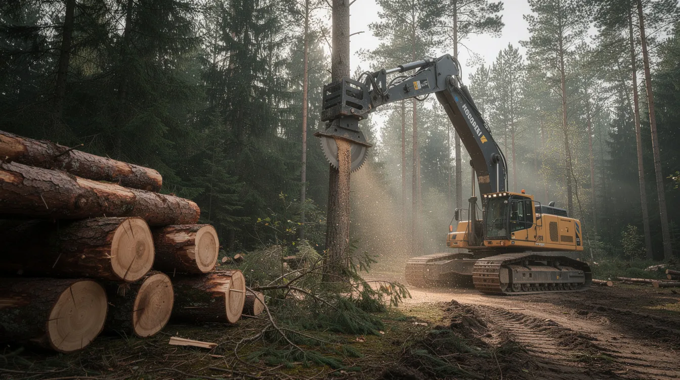 A large tracked feller buncher machine is efficiently cutting down multiple pine trees in a dense forest clearing, showcasing its articulated arm and felling head. This logging equipment is designed for optimal performance and productivity in the logging industry, safely handling timber on steep terrain.